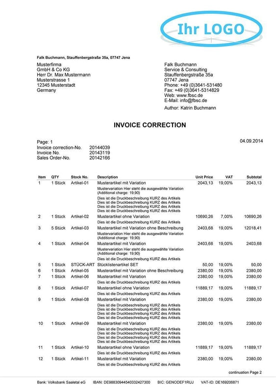 Druckvorlage RECHNUNGSKORREKTUR englisch für JTL-Wawi