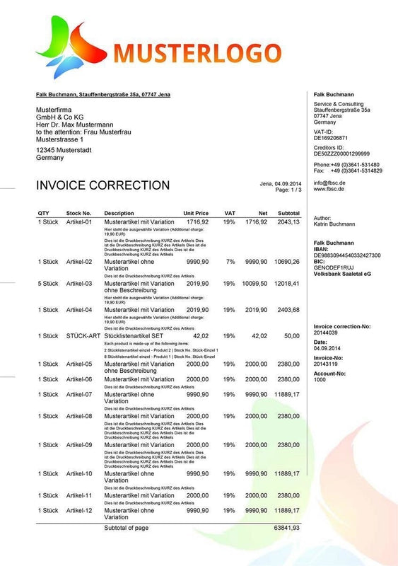 Druckvorlage RECHNUNGSKORREKTUR englisch für JTL-Wawi