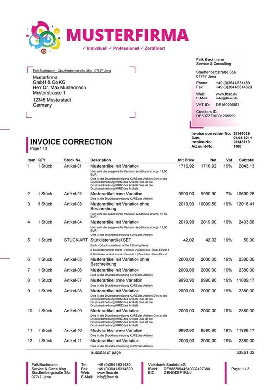 Druckvorlage RECHNUNGSKORREKTUR englisch für JTL-Wawi