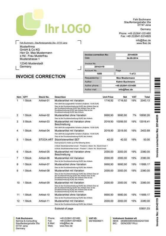 Druckvorlage RECHNUNGSKORREKTUR englisch für JTL-Wawi