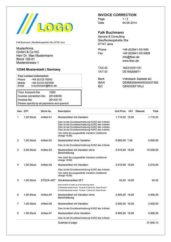 Druckvorlage RECHNUNGSKORREKTUR englisch für JTL-Wawi