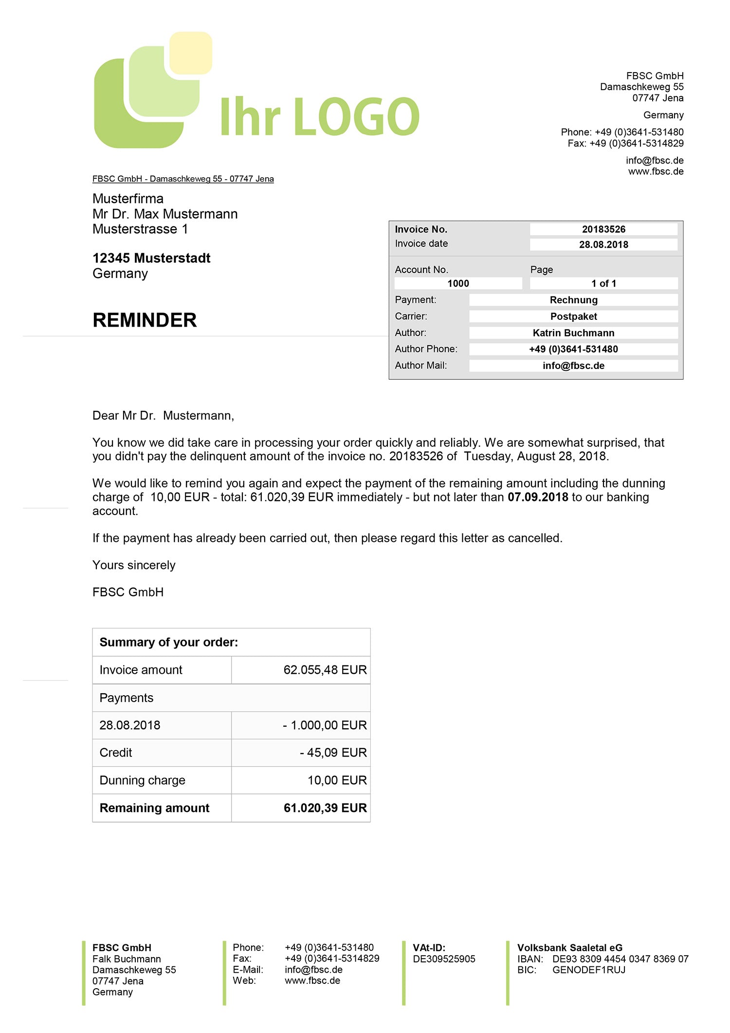 JTL Druckvorlagen (Set) MAHNUNG für JTL Wawi - PREMIUM- englisch