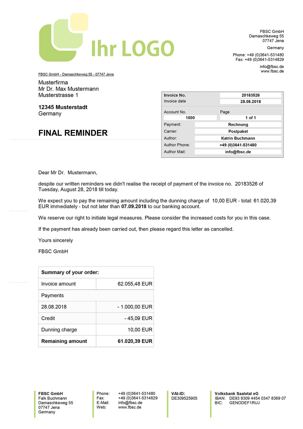 JTL Druckvorlagen (Set) MAHNUNG für JTL Wawi - PREMIUM- englisch