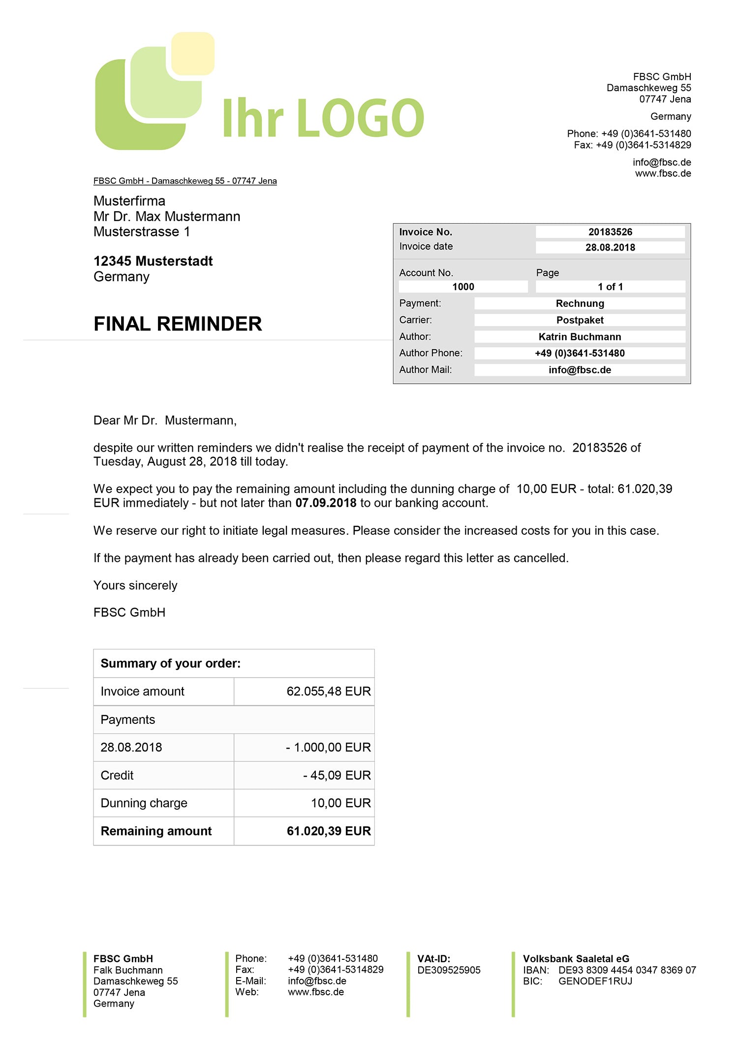 JTL Druckvorlagen (Set) MAHNUNG für JTL Wawi - PREMIUM- englisch