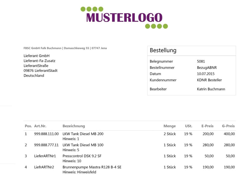 LIEFERANTENBESTELLUNG für JTL-Wawi - JUST FINE