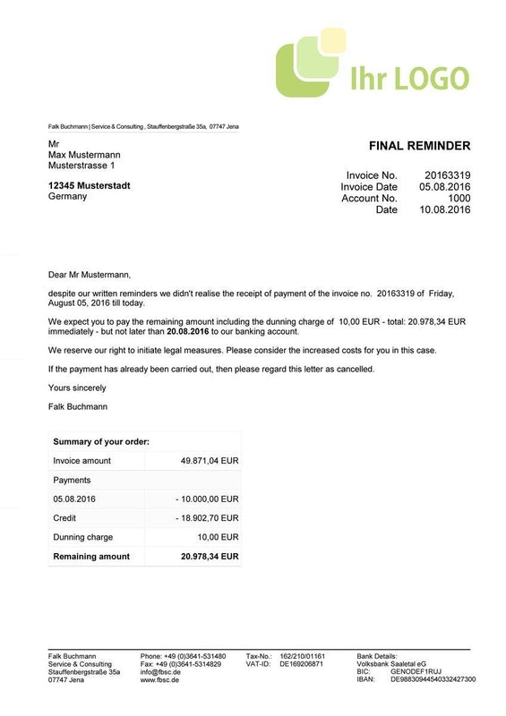 JTL Druckvorlagen (Set) MAHNUNG für JTL Wawi - englisch