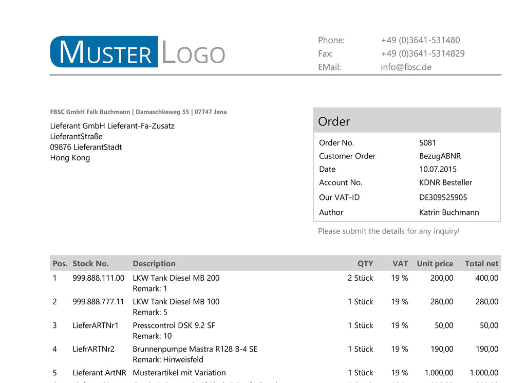 LIEFERANTENBESTELLUNG für JTL-Wawi - EXCELLENT englisch