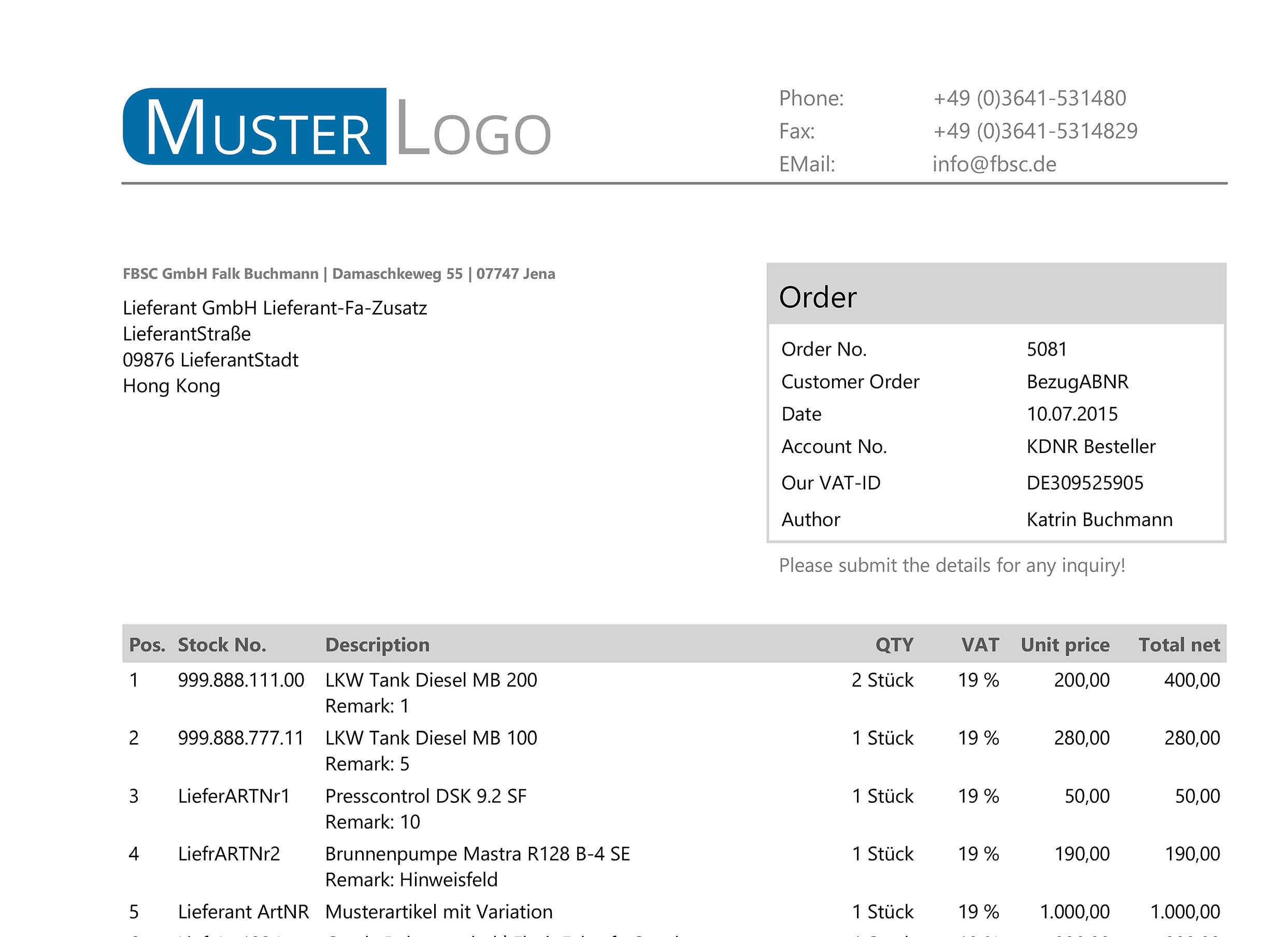 LIEFERANTENBESTELLUNG für JTL-Wawi - EXCELLENT englisch
